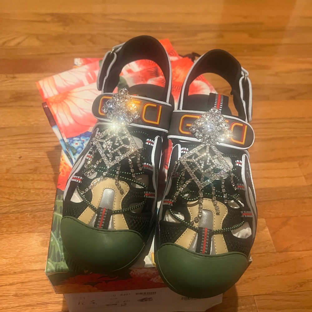 Gucci Leather Mesh Fabric Tinsel Sandals Size 40.5 New